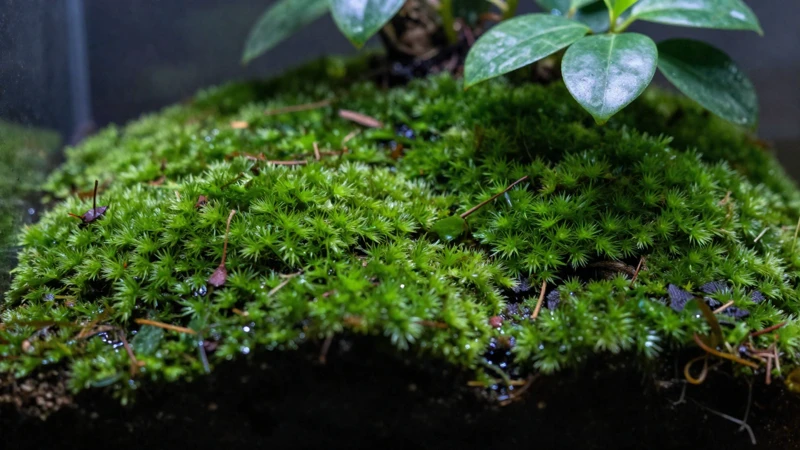 Detalle macro de Ficus en terrario con musgo