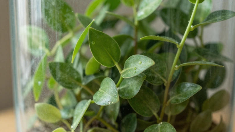 Macro de enredaderas de ficus en terrario