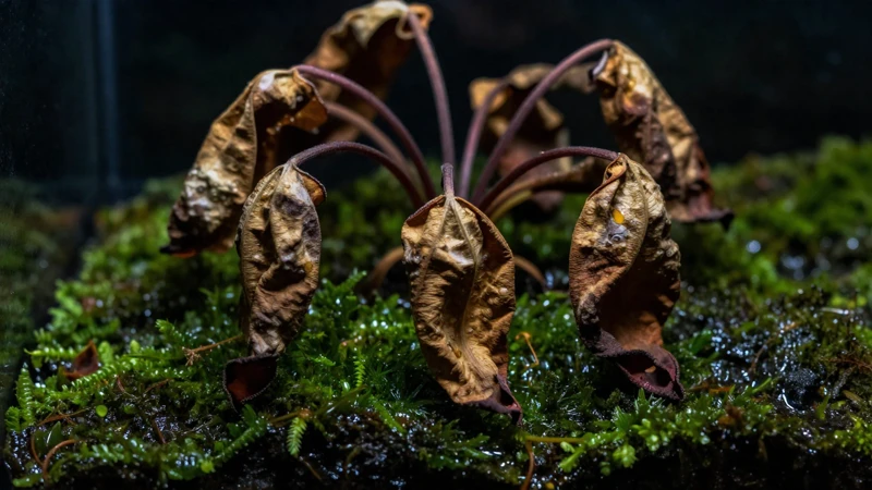 Planta marchita en un terrario con luz dramática