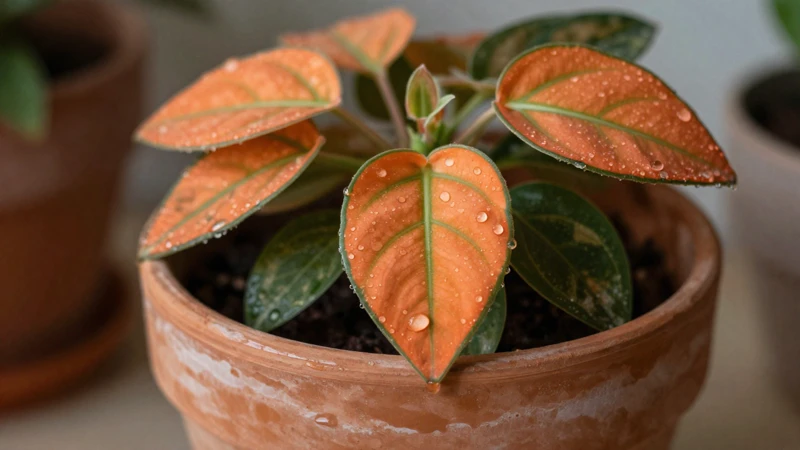 Primer plano de Fittonia con gotas de agua