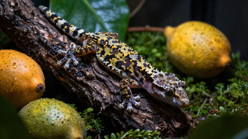 Gecko en terrario con frutas
