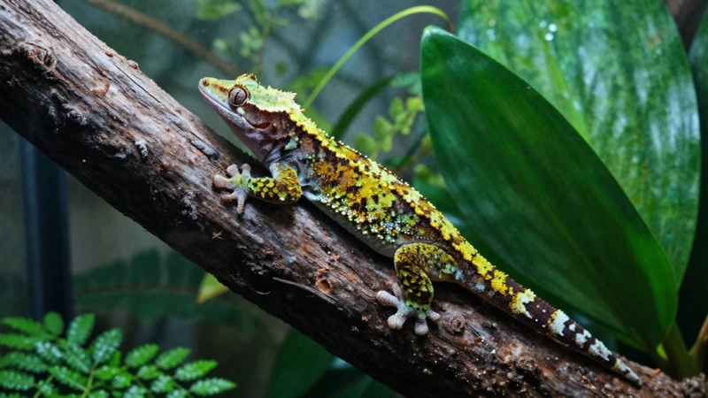 Gecko en terrario tropical verde