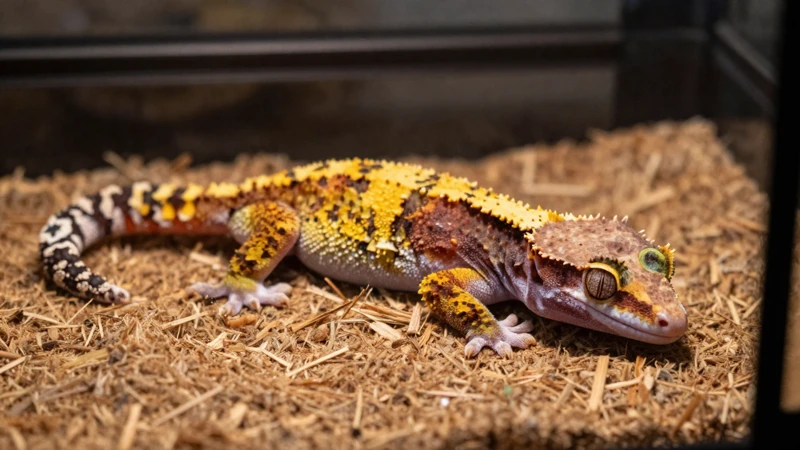 Gecko durmiendo en madera con luz suave