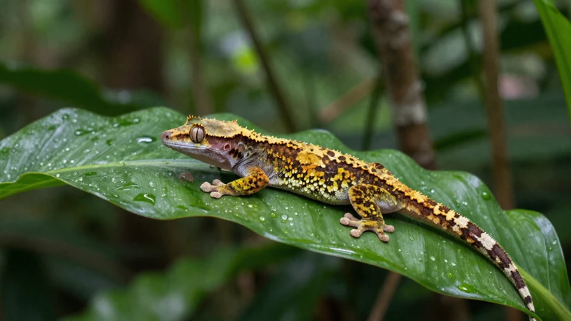 Gecko detallado en hoja tropical