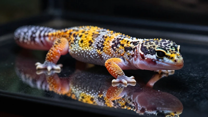 Gecko reflejado con luz dramática en terrario