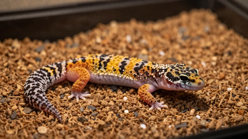 Gecko macro en terrario con luz cálida