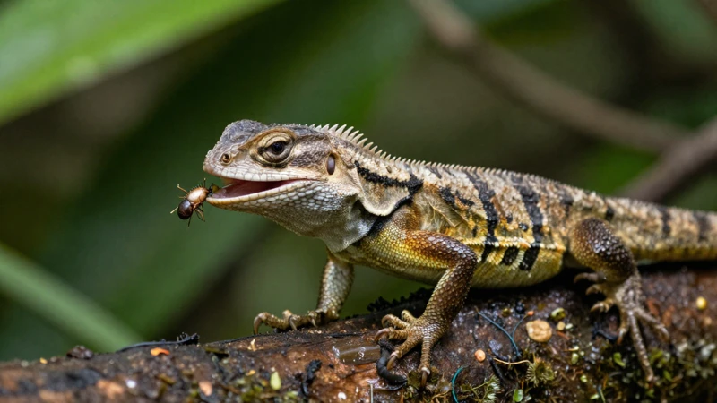 Lagarto come insectos en la selva