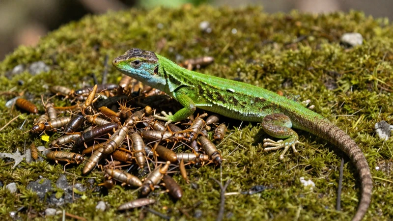 Lagarto verde y insectos en la piedra
