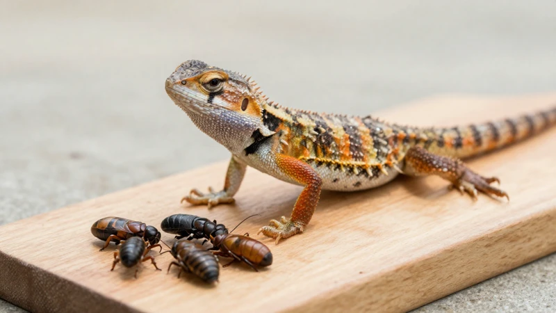 Lagarto y alimentos en madera natural