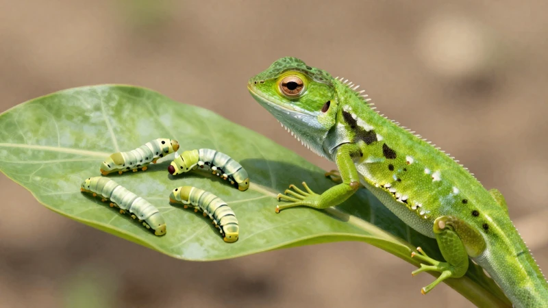 Larvas y lagarto en la naturaleza al sol