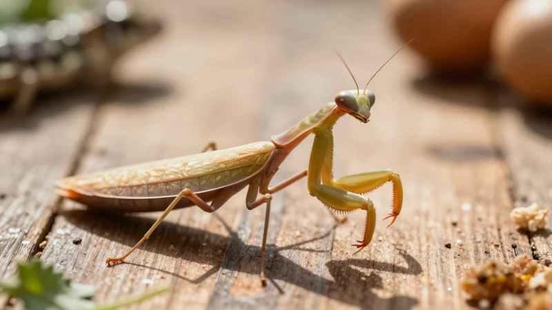 Mantis detallada en ambiente rústico