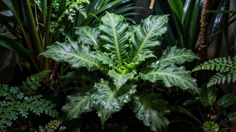 Primer plano de plantas tropicales en terrario