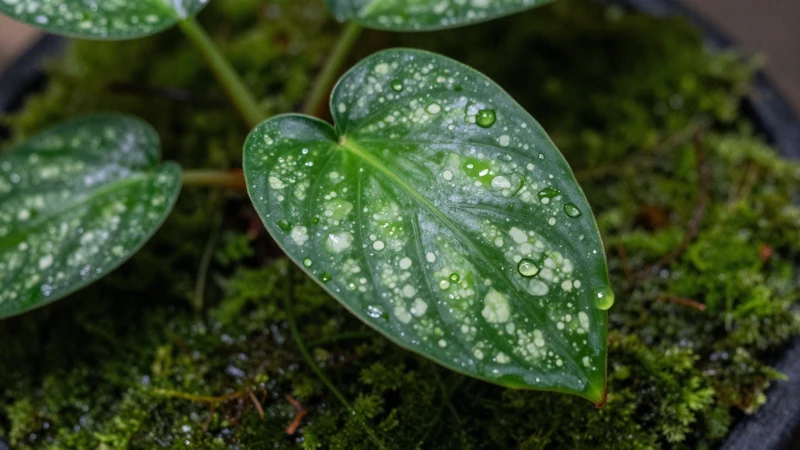 Macro de hoja de Maranta en musgo húmedo
