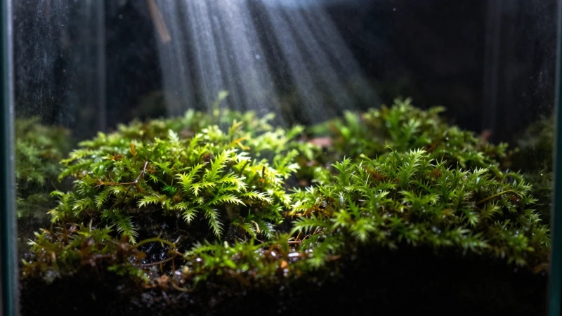 Musgo estresado en terrario con luz dramática