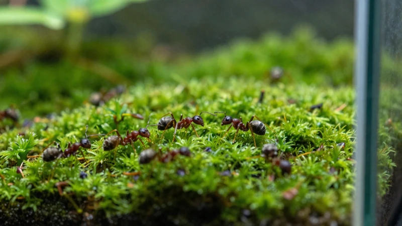 Macro de hormigas sobre musgo verde