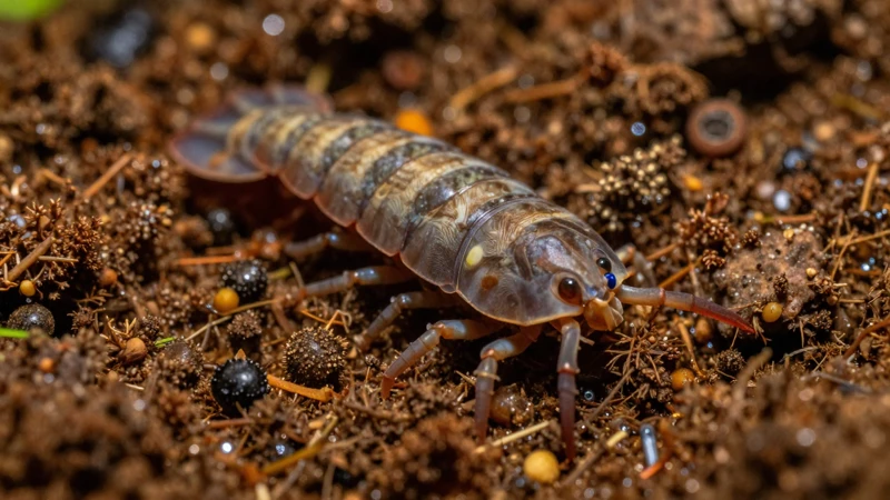 Isópodos detallados en un terrario verde