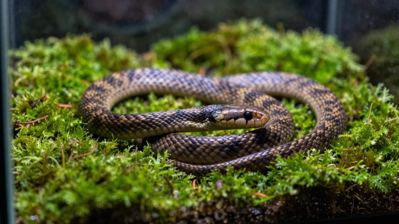 Serpiente verde en terrario tranquilo