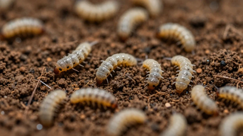 Detalle macro científico de larvas en terrario