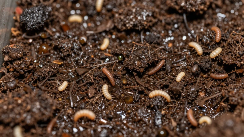 Macro de suelo húmedo y larvas