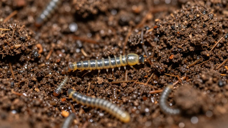 Primer plano de larvas en tierra húmeda