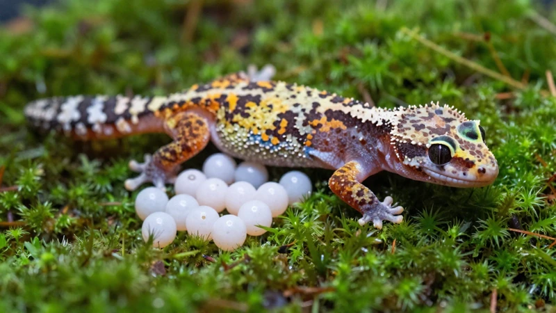 Gecko y huevos en terrario detallado