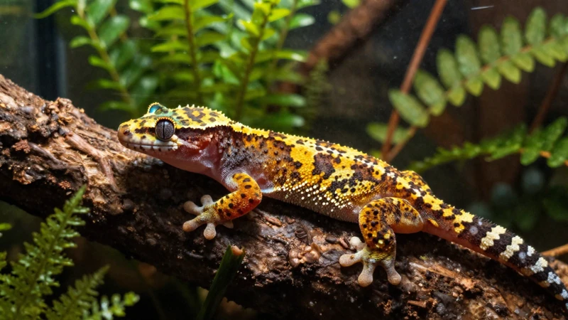 Gecko tropical detallado en terrario