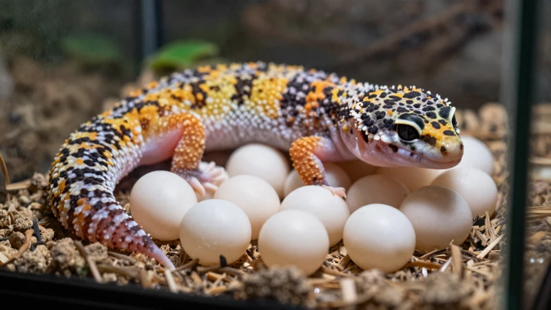 Macro fotografía de huevos de gecko en terrario