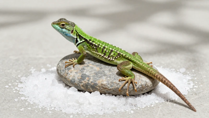 Lagarto verde baña la luz sobre piedra
