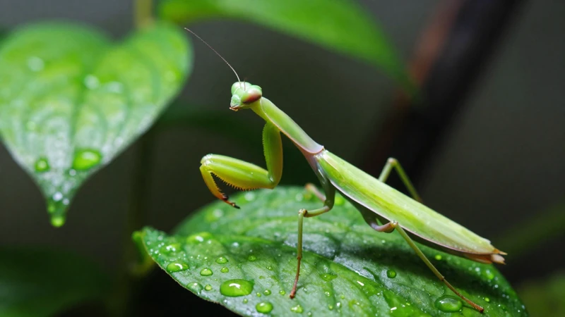 Mantis con gotas en un terrario verde