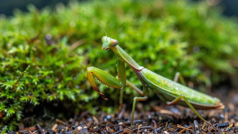 Mantis en terrario verde y húmedo