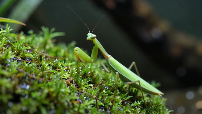 Mantis detallada en terrario verde