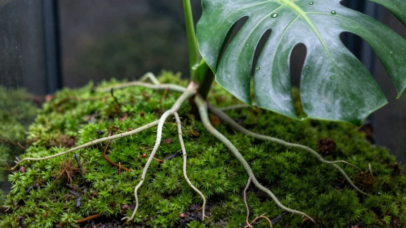 Monstera con raíces en terrario
