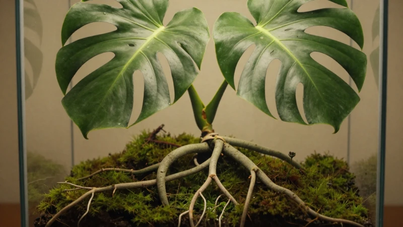 Monstera detallada en terrario