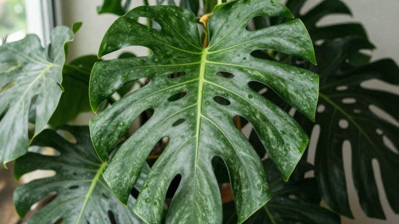 Monstera verde y luminosa en terrario
