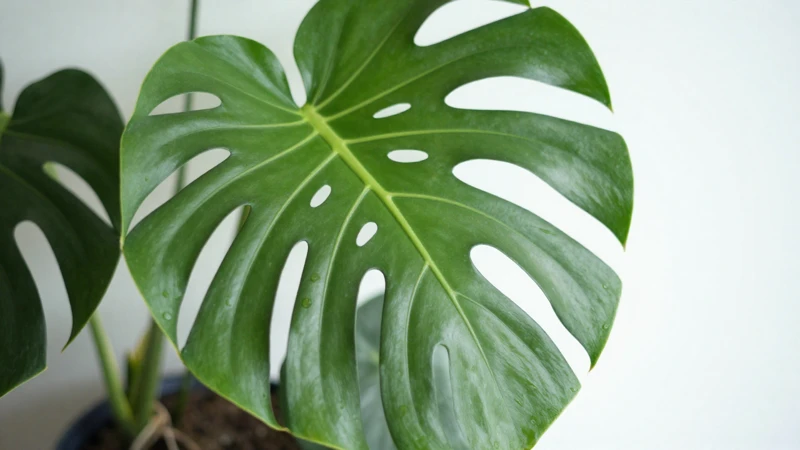 Monstera verde en terrario con luz