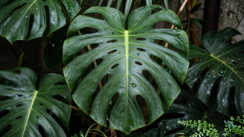Monstera exuberante en terrario con luz natural