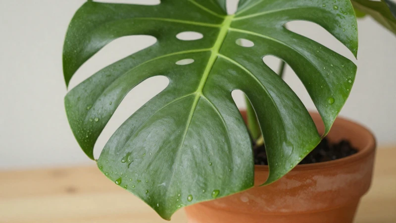 Monstera con gotas de agua en detalle