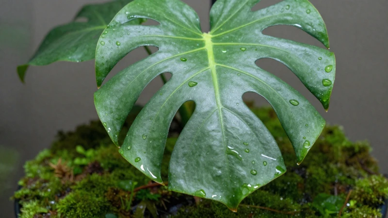 Monstera en un terrario con gotas de agua