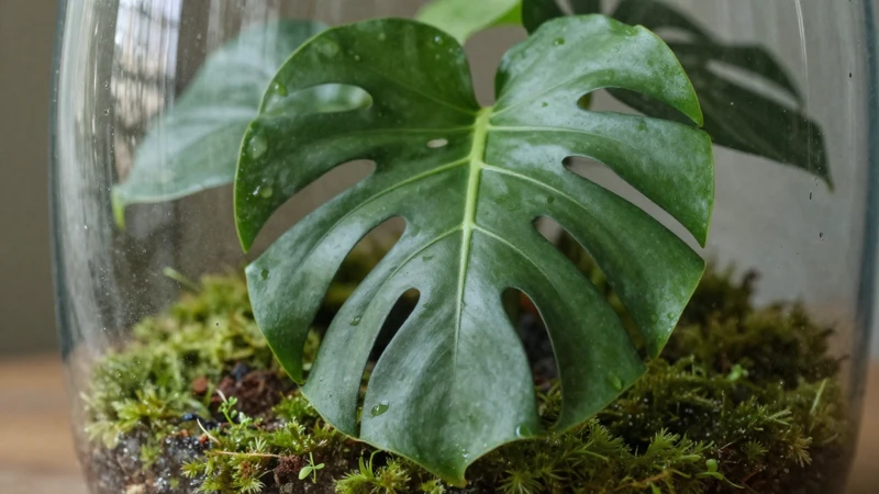 Monstera verde en terrario macro