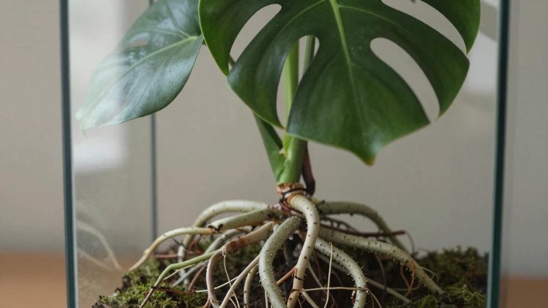 Monstera detallada en terrario acogedor