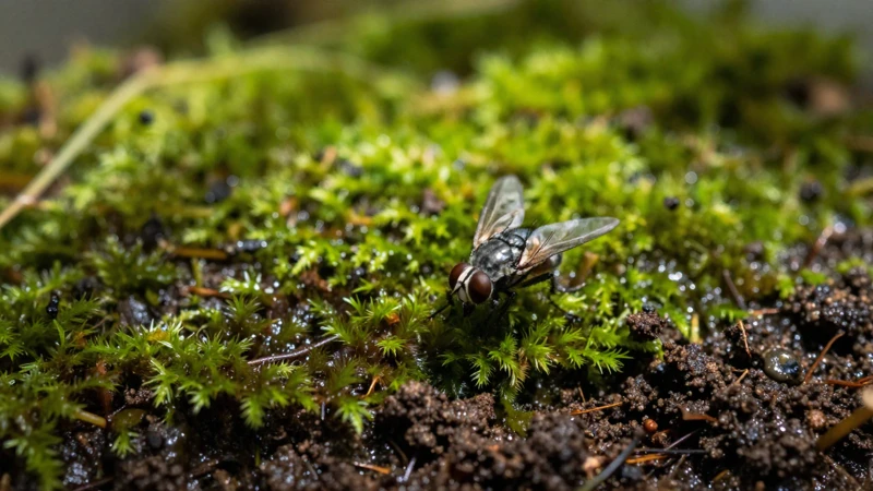 Macro vista de una mosca en musgo verde