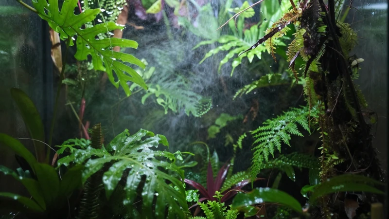 Terrario tropical con niebla y luz suave