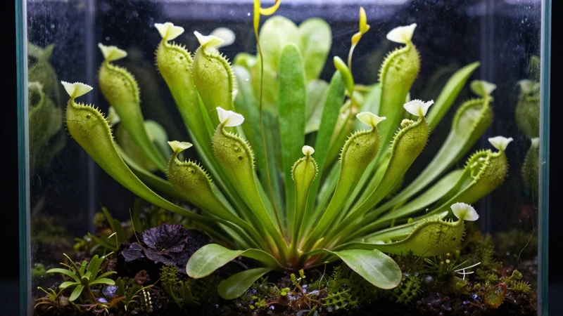 Planta tropical detallada en terrario de vidrio