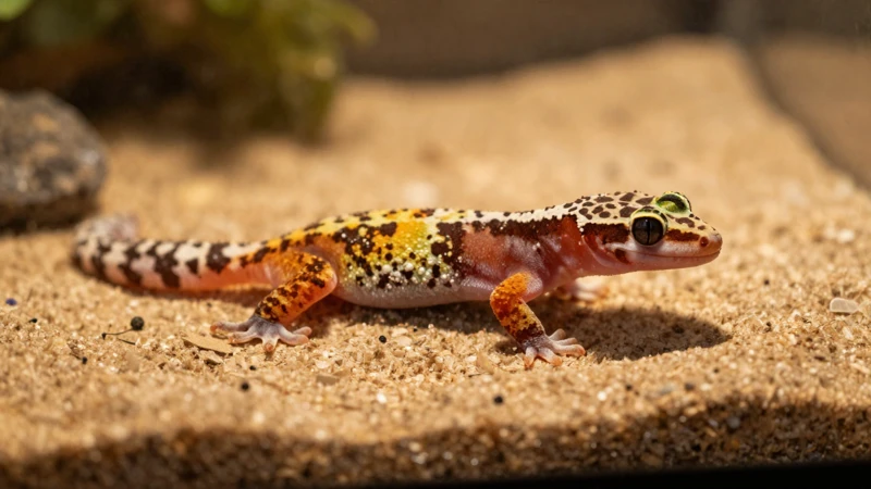 Gecko en terrario con luz cálida