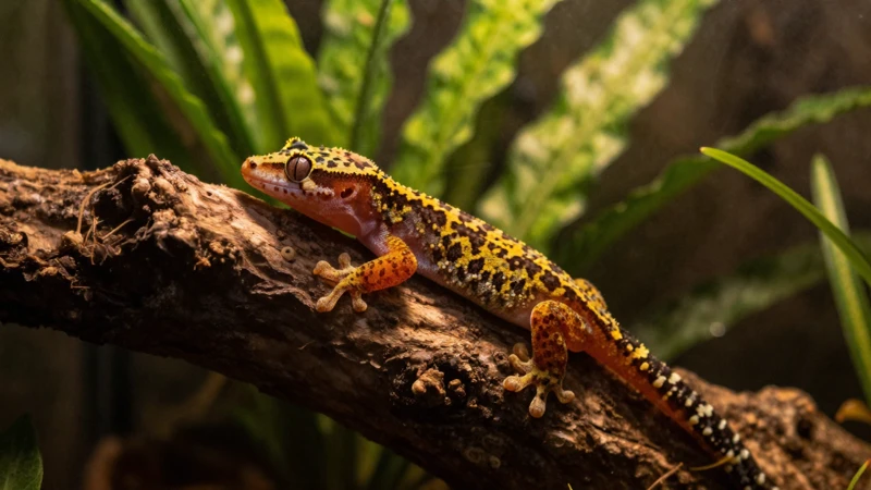 Gecko tropical en terrario cálido