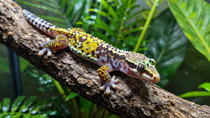 Gecko tropical detallado en terrario con luz