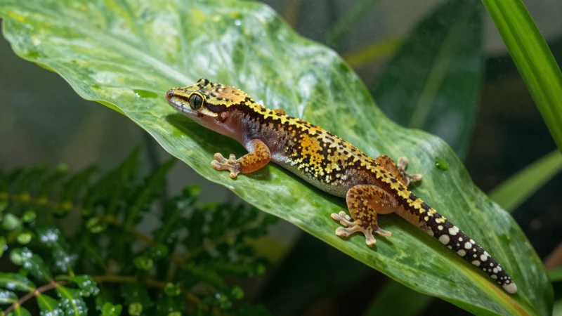Gecko tropical en terrario con luz