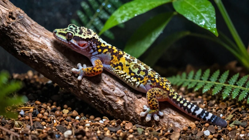 Gecko tropical en terrario detallado