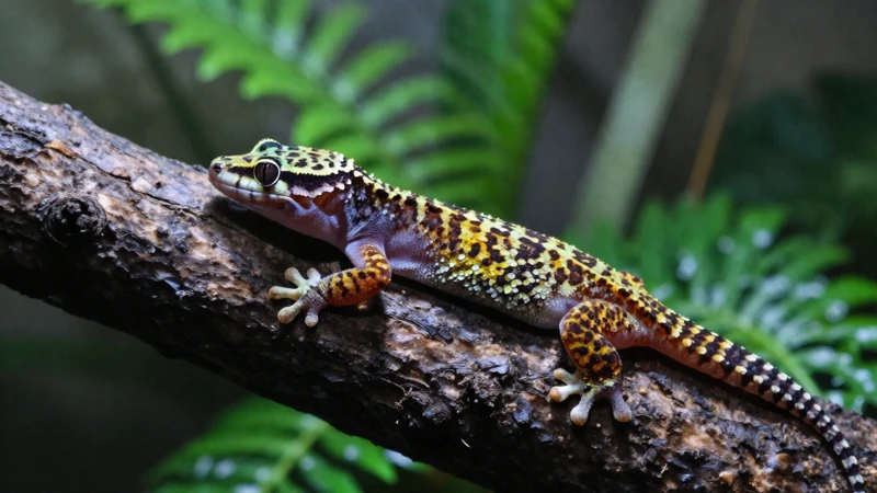 Gecko en terrario tropical con luz suave