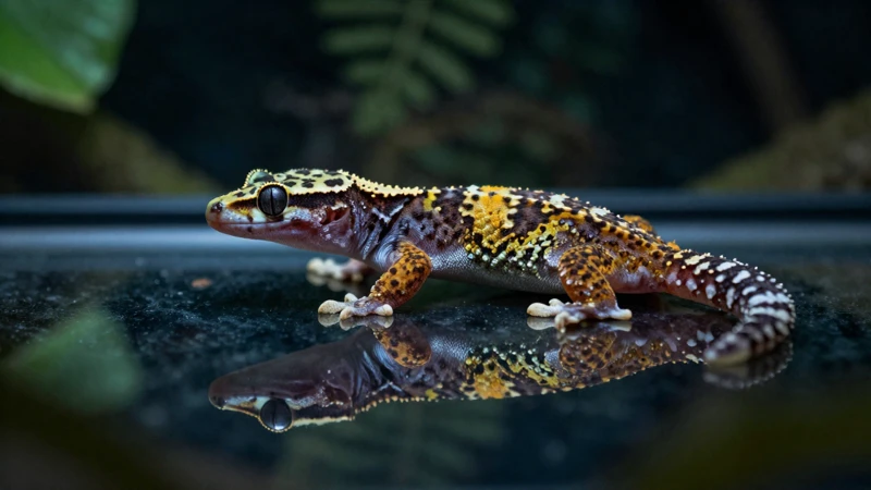 Gecko selvático con luz dramática en terrario